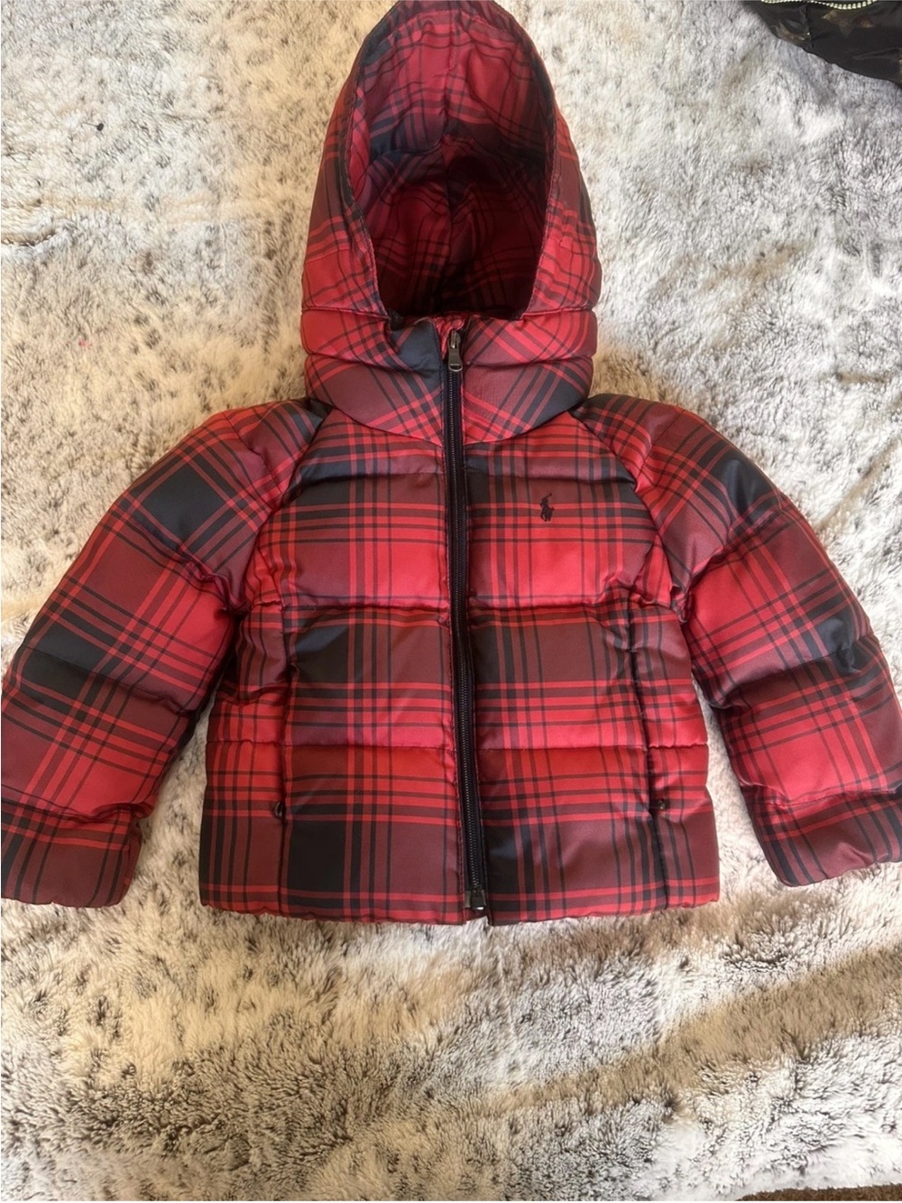 Boys Polo Ralph Lauren toddler 3t Red Plaid Puffer Jacket with Hood